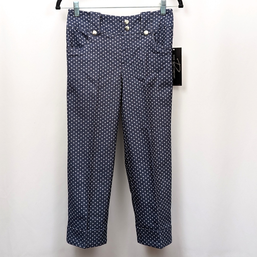 Rekucci Capris Stretchy Cuffed Polkadot Ease Into Comfort Denim Blue size 2 NWT